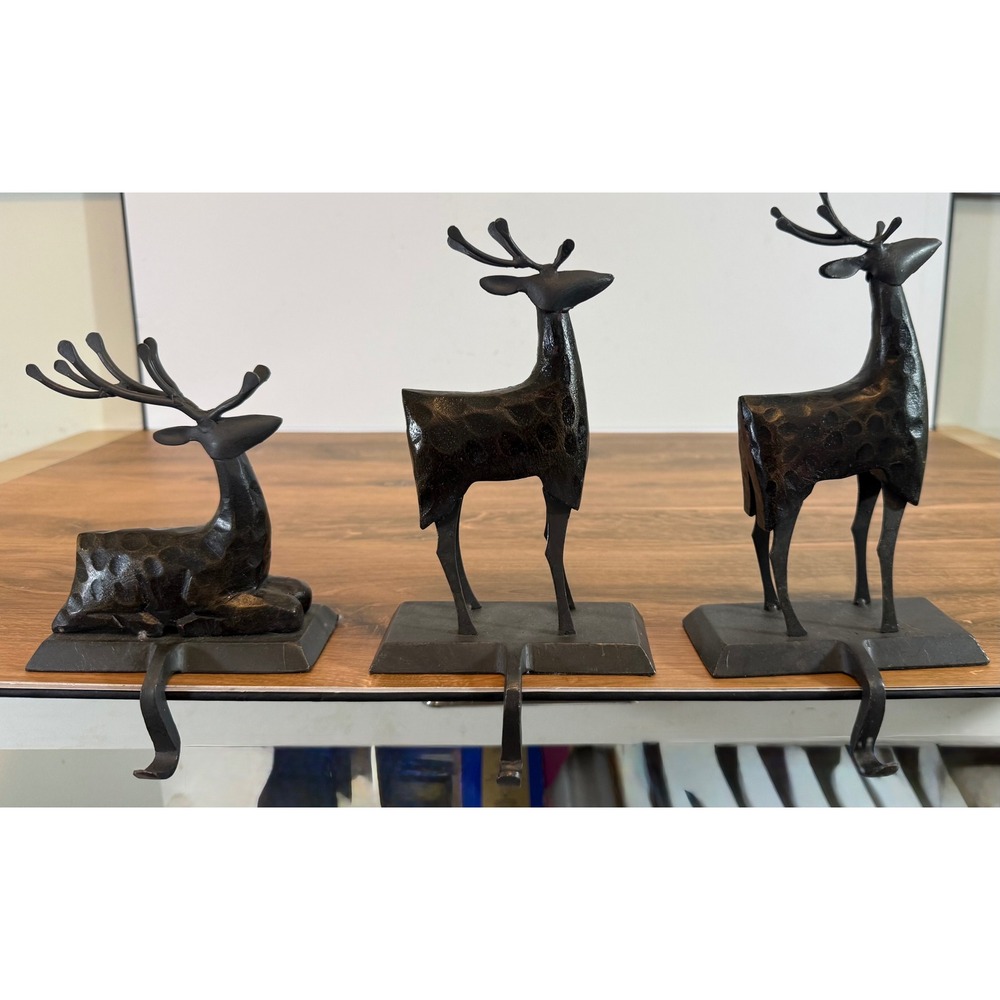 Pier 1 Metal Reindeer Stocking Holders Set of 3 Rustic Bronze Christmas Decor